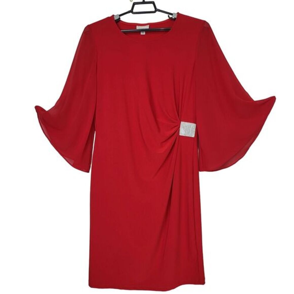 Dress Barn Cocktail Dress Embellished Waist Sheer Bell Sleeve Red Women 12‎